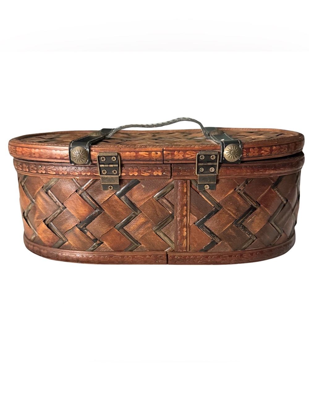Vintage Woven Wood Box Leather Straps Metal Latch Hinges Antique Style - Picture 3 of 7